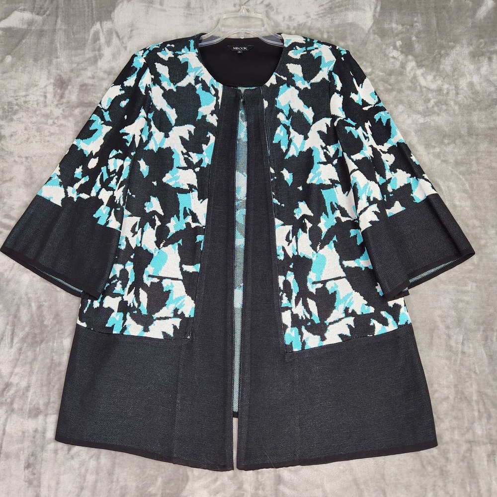 Misook Womens Long Cardigan Jacket L Black Blue Geometric‎ Open Front Sweater